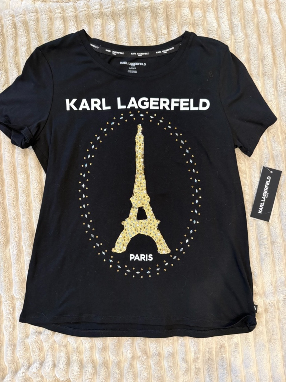 Karl Lagerfeld Black Tee with Gold Eiffel Tower Motif